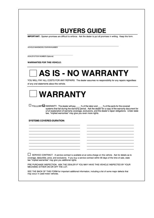 Buyers Guide - As Is No Warranty Form Printable pdf