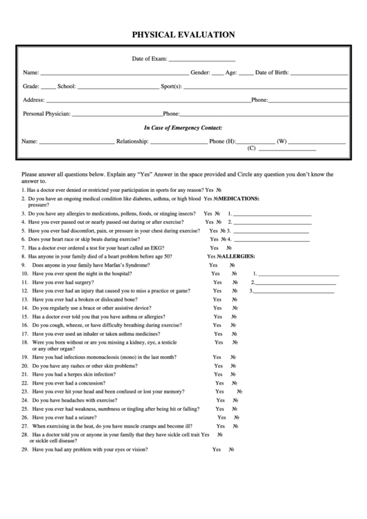Physical Evaluation Form Printable pdf