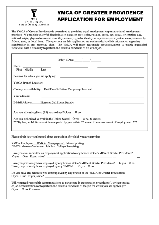 Ymca Of Greater Providence Application Form For Employment Printable pdf