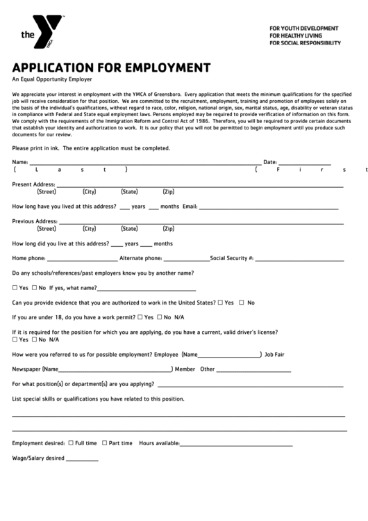 Application For Employment Ymca Of Greensboro Printable Pdf Download