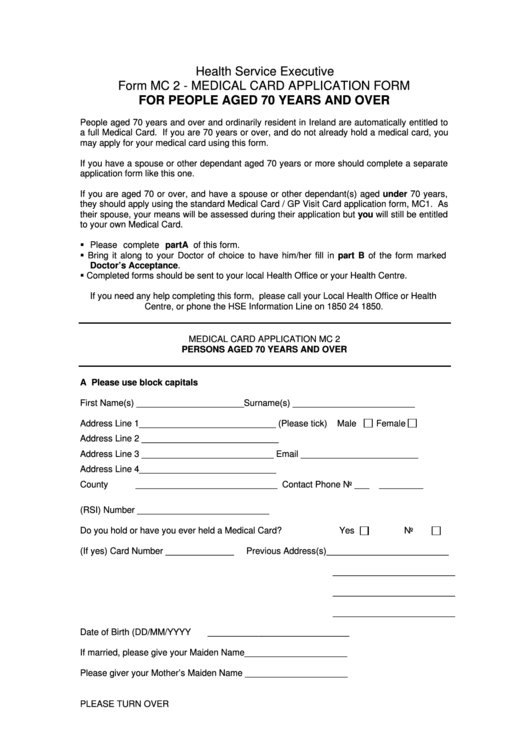 Health Service Executive Form Mc 2 - Medical Card Application Form Printable pdf