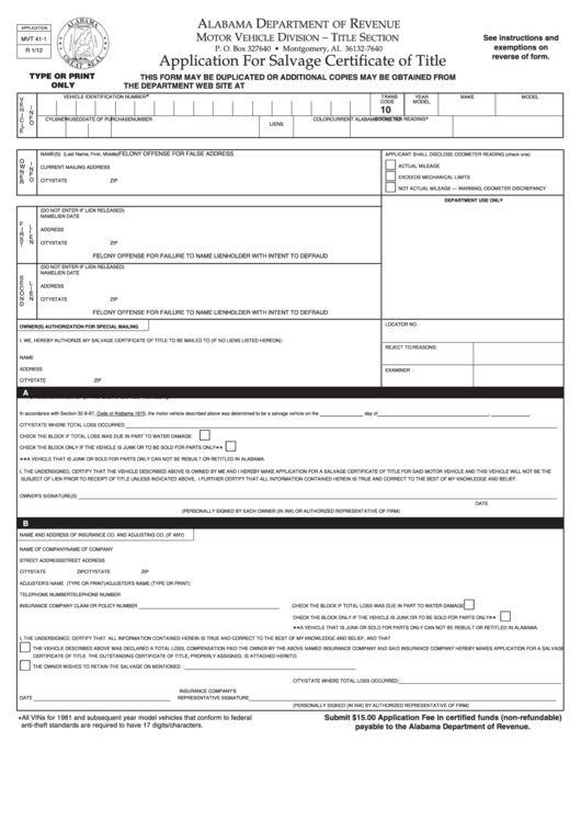 Fillable Application For Salvage Certificate Of Title - Alabama Department Of Revenue Printable pdf