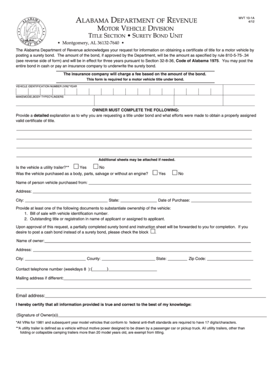 Fillable Mvt 10-1a Form - Alabama Department Of Revenue Motor Vehicle Printable pdf