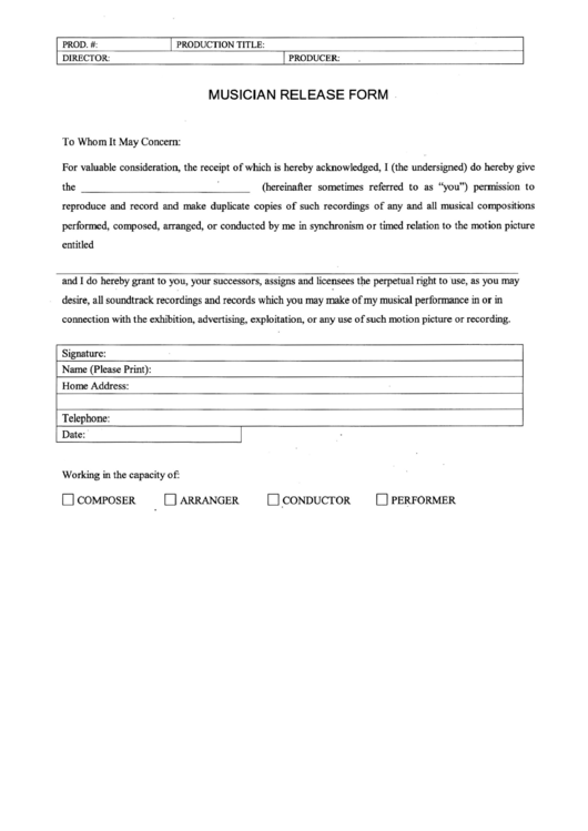 Musician Release Form printable pdf download