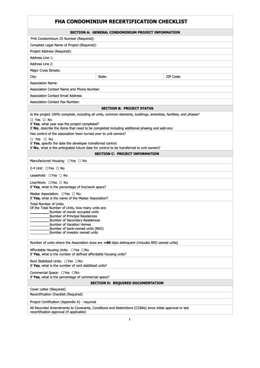 Fillable Fha Condominium Recertification Checklist Printable pdf