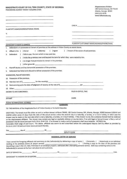 Summons - Magistrate Court Of Fulton County, State Of Georgia - Printable pdf