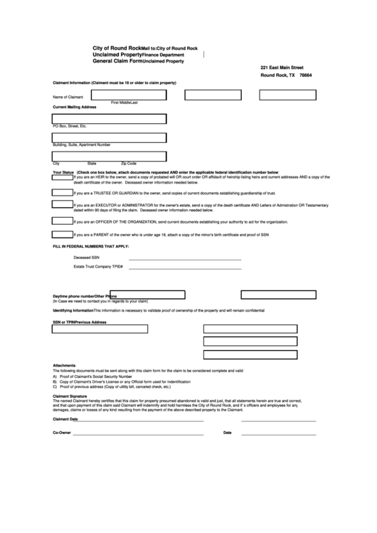 Unclaimed Property General Claim Form - City Of Round Rock Finance Department Printable pdf