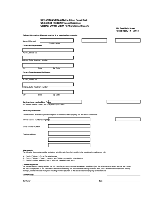 Unclaimed Property Original Owner Claim Form - City Of Round Rock Finance Department Printable pdf