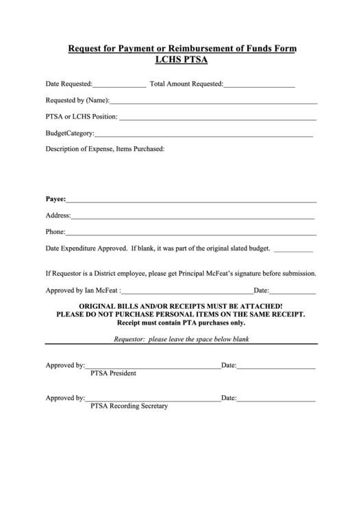 Fillable Request For Payment Or Reimbursement Of Funds Form Lchs Ptsa Printable pdf
