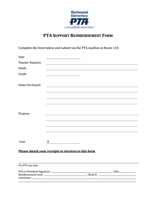 Fillable Pta Support Reimbursement Form Printable pdf