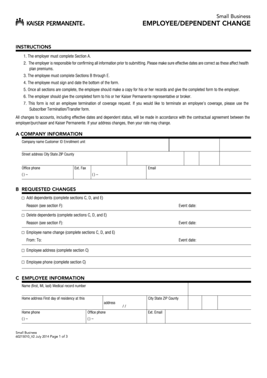 Fillable Employee/dependent Change Form Printable pdf