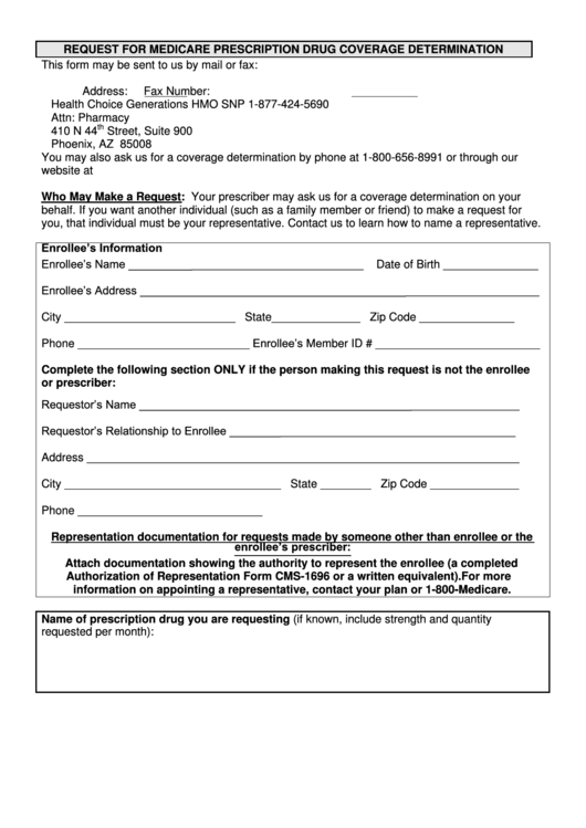 Request For Medicare Prescription Drug Coverage Determination Form Printable pdf
