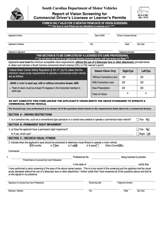 Fillable Form 412-Cdl - Report Of Vision Screening For Commercial Driver