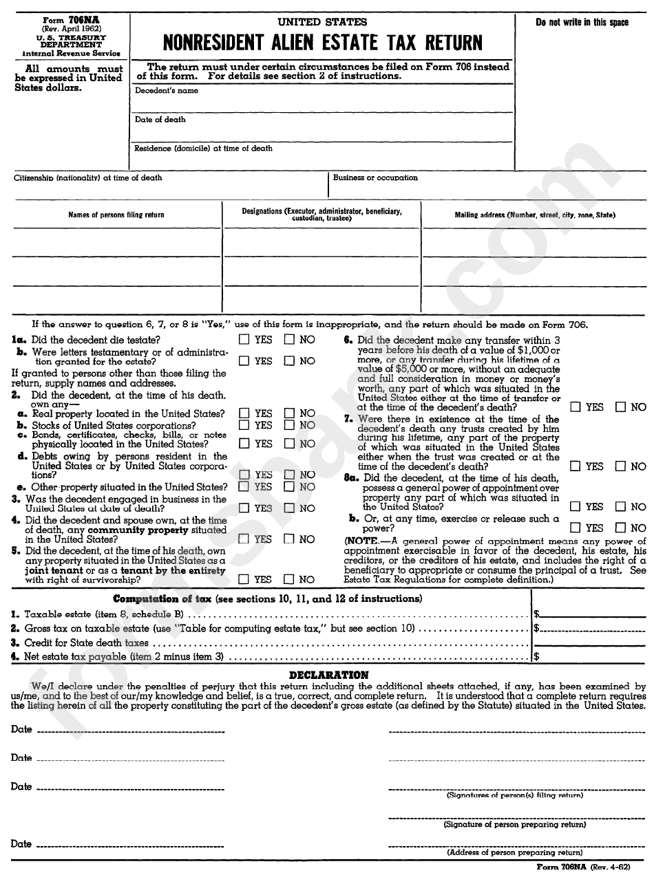Form 706na (04-62) - Nonresident Alien State Tax Return
