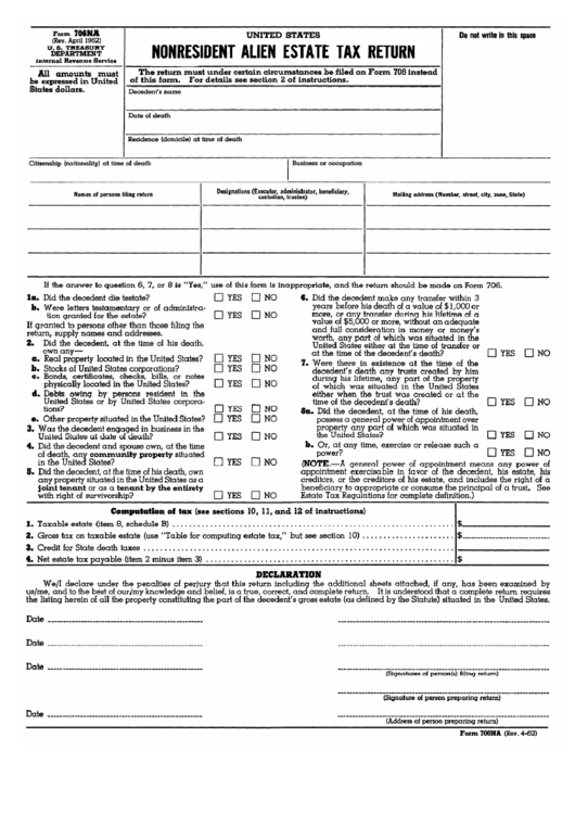 Form 706na (04-62) - Nonresident Alien State Tax Return Printable pdf