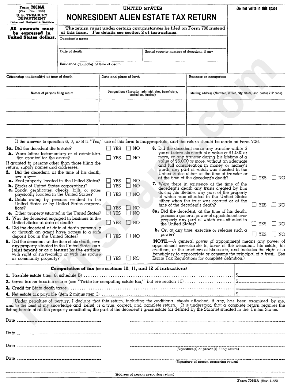 Form 706 Na (Rev. 01-1965) - Nonresident Alien Estate Tax Return