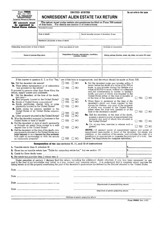 Form 706 Na (Rev. 01-1965) - Nonresident Alien Estate Tax Return Printable pdf