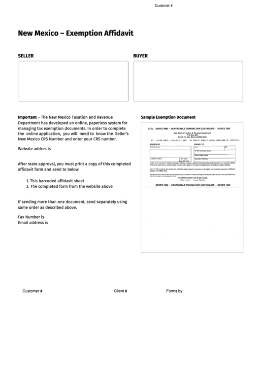 Fillable New Mexico - Exemption Affidavit Printable pdf