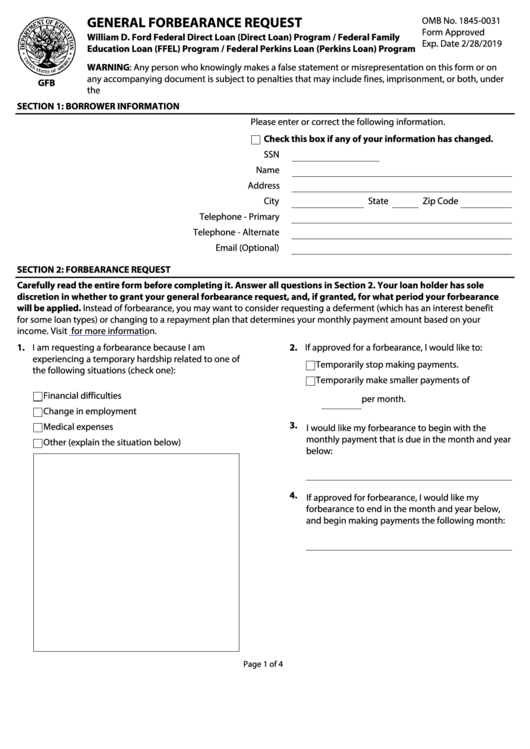 Fillable General Forbearance Request Form Printable pdf