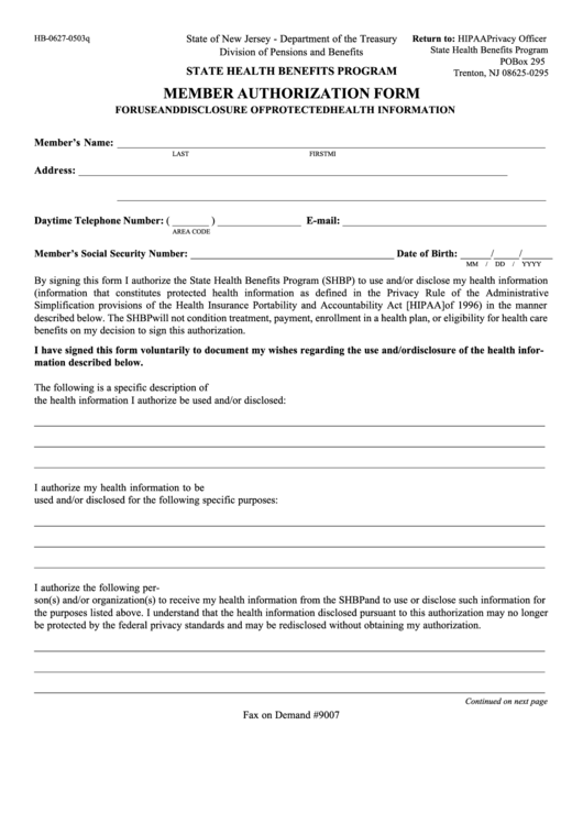 Member Authorization Form Printable pdf