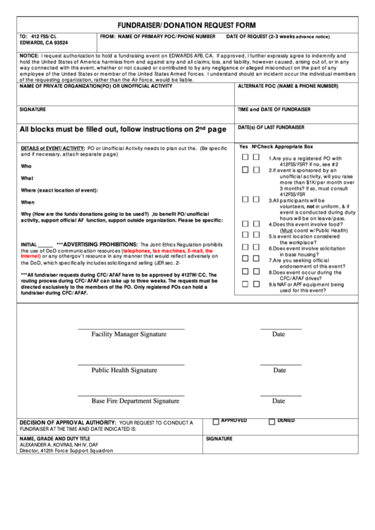 Fundraiser/donation Request Form - Edwards Afb Printable pdf