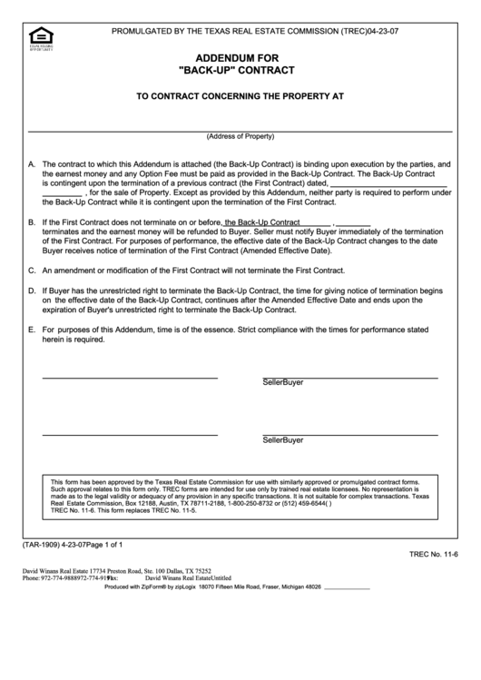 Addendum For "Back-Up" Contract Printable pdf