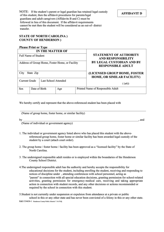 Affidavit D State Of North Carolina Printable pdf