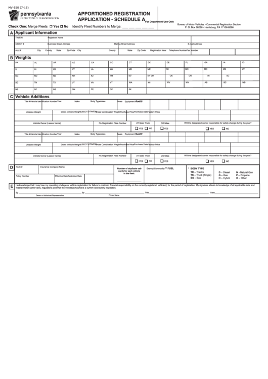 Fillable Penndot Form Mv-550 - Apportioned Registration Application - Schedule A Printable pdf