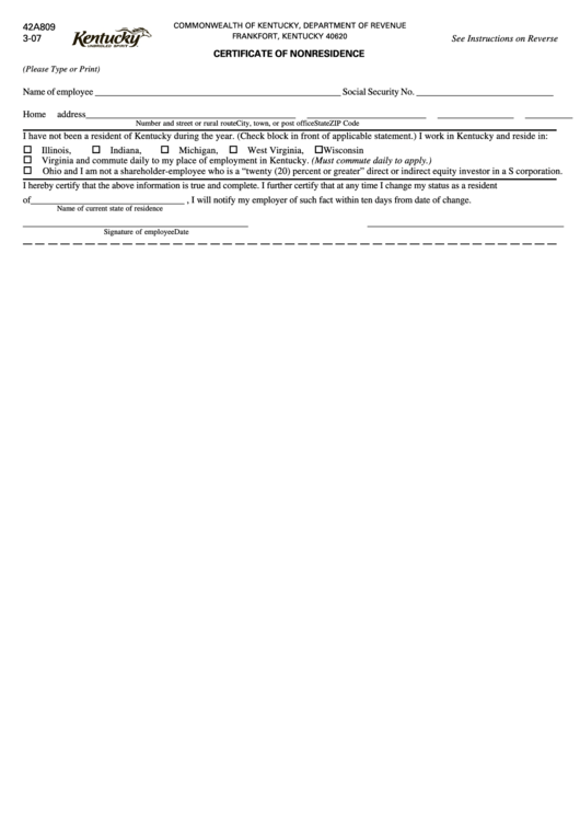 Form 42a809 - Certificate Of Nonresidence Printable pdf