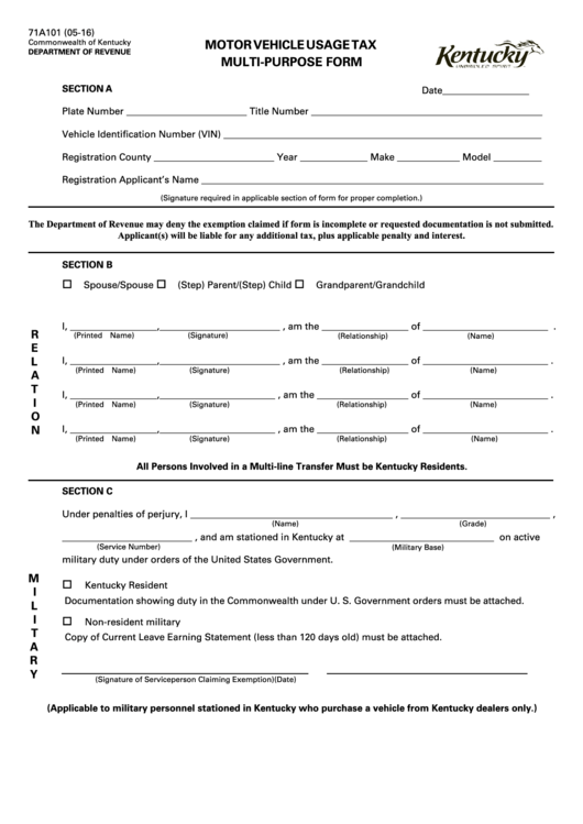 Motor Vehicle Usage Tax Multi-Purpose Form - Kentucky Department Of Revenue Printable pdf