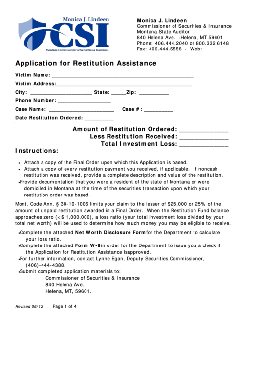 Application For Restitution Assistance/form W-9 - Request For Taxpayer Identification Number And Certification Printable pdf