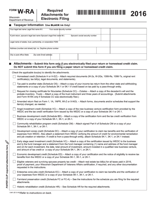 Form W-Ra - Required Attachments Form - 2016 Printable pdf