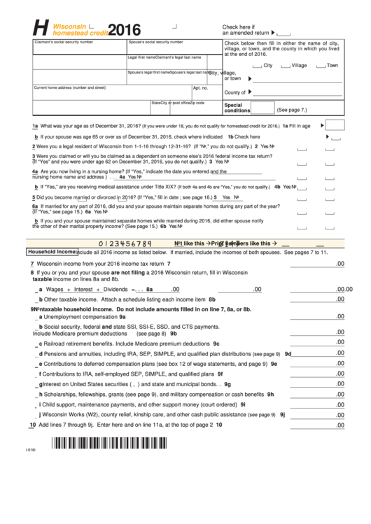 Form I-016 - Schedule H, Wisconsin Homestead Credit - 2016 Printable pdf