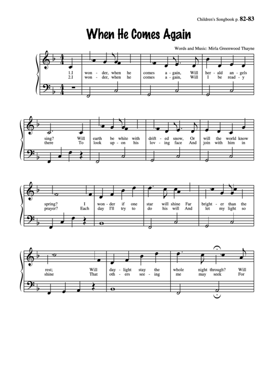 When He Comes Again (Words And Music: Mirla Greenwood Thayne) printable ...