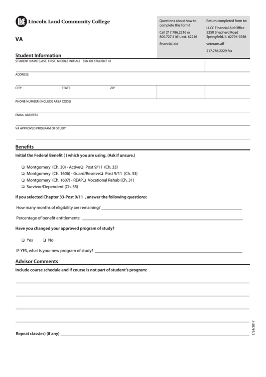 Va G.i. Bill Enrollment Form - Lincoln Land Community College Printable pdf
