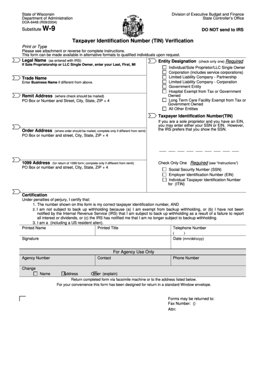 Form Doa-6448 (Substitute W-9) - Taxpayer Identification Number (Tin) Verification - State Of Wisconsin Department Of Administration Printable pdf