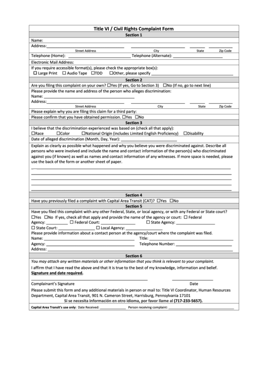 Civil Rights Complaint Form Printable pdf