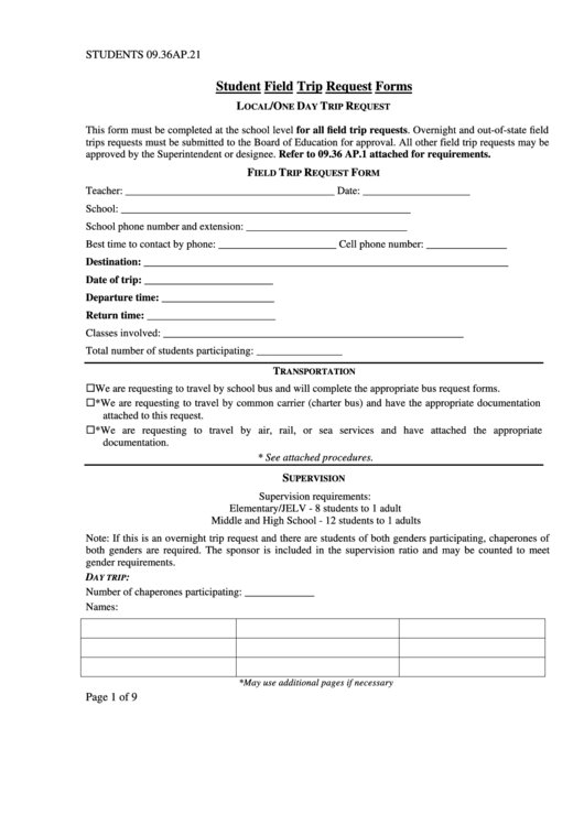 Student Field Trip Request Forms Printable pdf