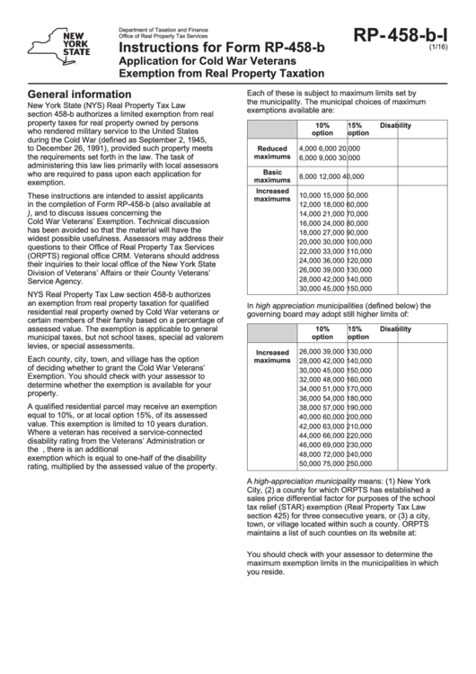 Instructions For Form Rp-458-B Application For Cold War Veterans Exemption From Real Property Taxation Printable pdf