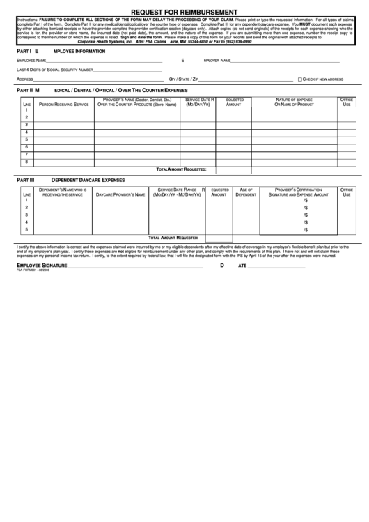 Request Form For Reimbursement Printable pdf