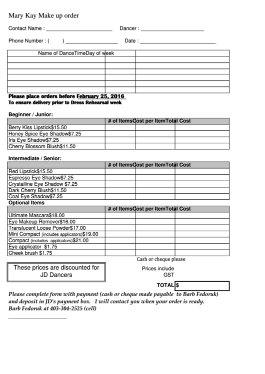 Mary Kay Make Up Order Form Jd S Fabulous Feet Printable Pdf Download