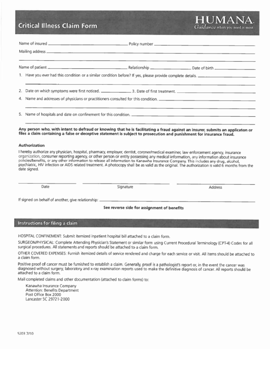 Form 5203 - Humana Critical Illness Claim Form - G&g Associates Insurance Printable pdf