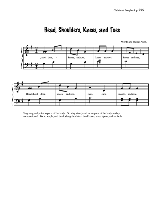 Head, Shoulders, Knees, And Toes (Words And Music: Anon) Printable pdf