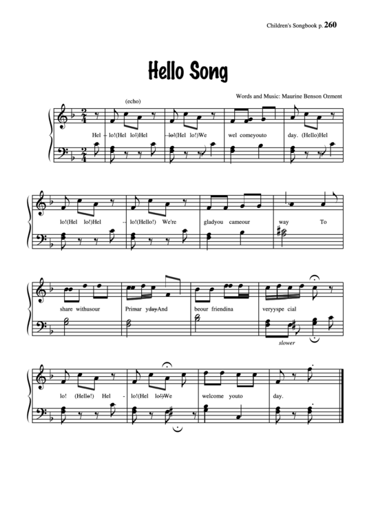 Hello Song (Words And Music: Maurine Benson Ozment) Printable pdf