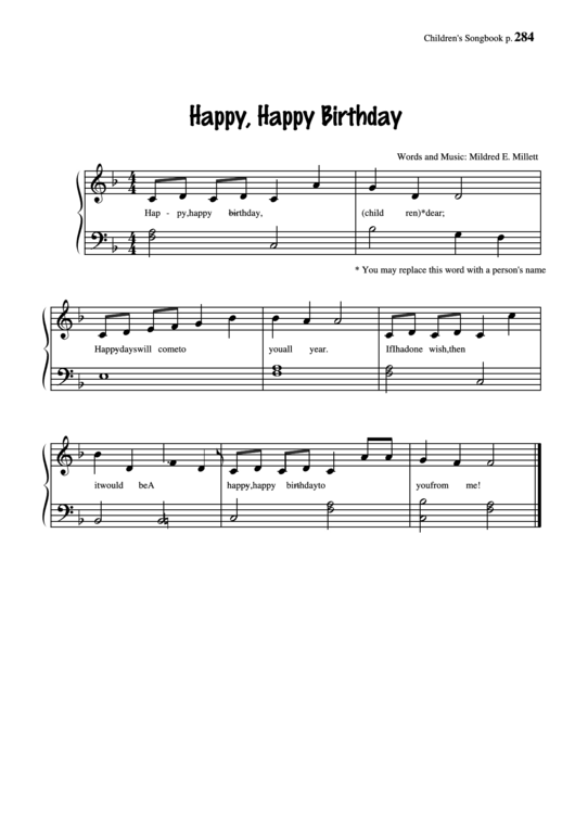 Happy, Happy Birthday (Words And Music: Mildred E. Millett) printable ...