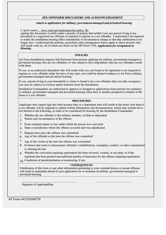 Fillable Af Form 4422, 2010, Sex Offender Disclosure Printable pdf