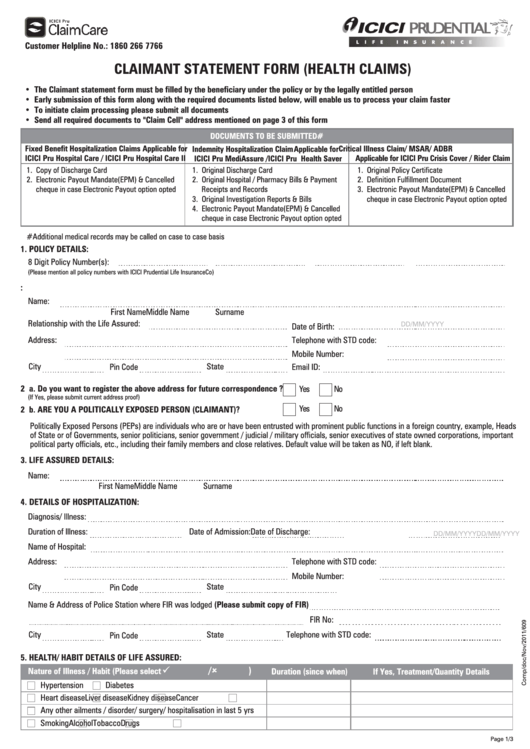 Claimant Statement Form Printable pdf