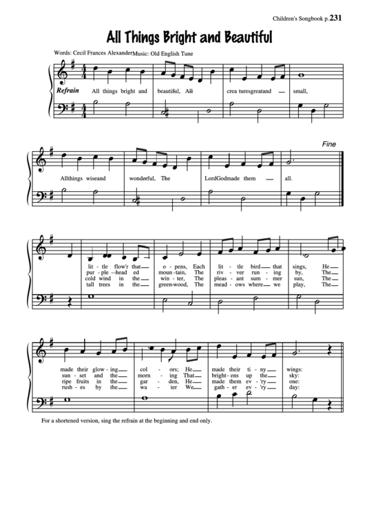 All Things Bright And Beautiful (Music: Old English Tune) Printable pdf