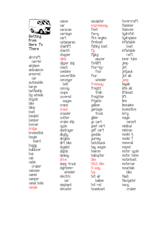 Getting From Here To There Word List Printable pdf