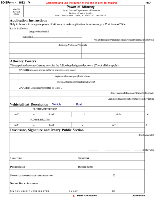Fillable Form Mv-008 - Power Of Attorney Form Printable pdf